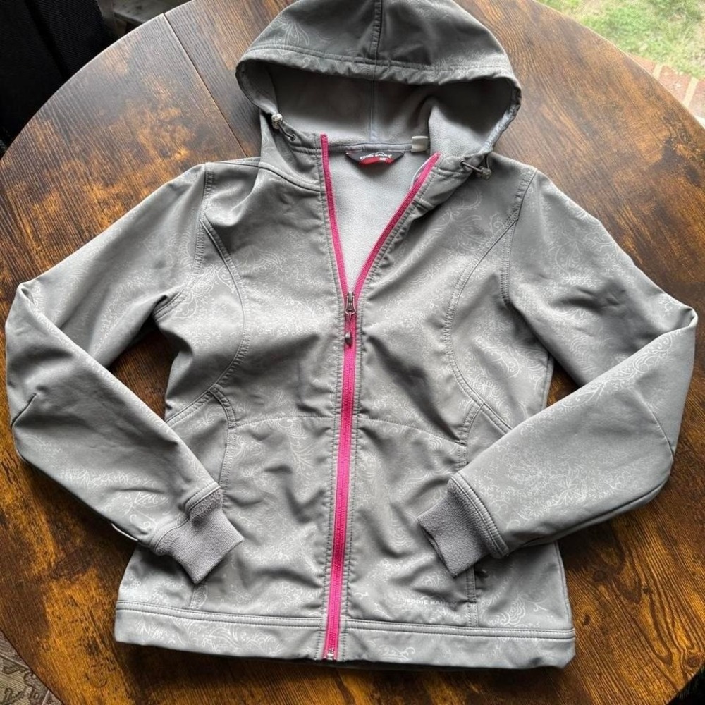 Eddie Bauer Women's Jacket XS Gray Softshell Hooded Pink Zip 365
